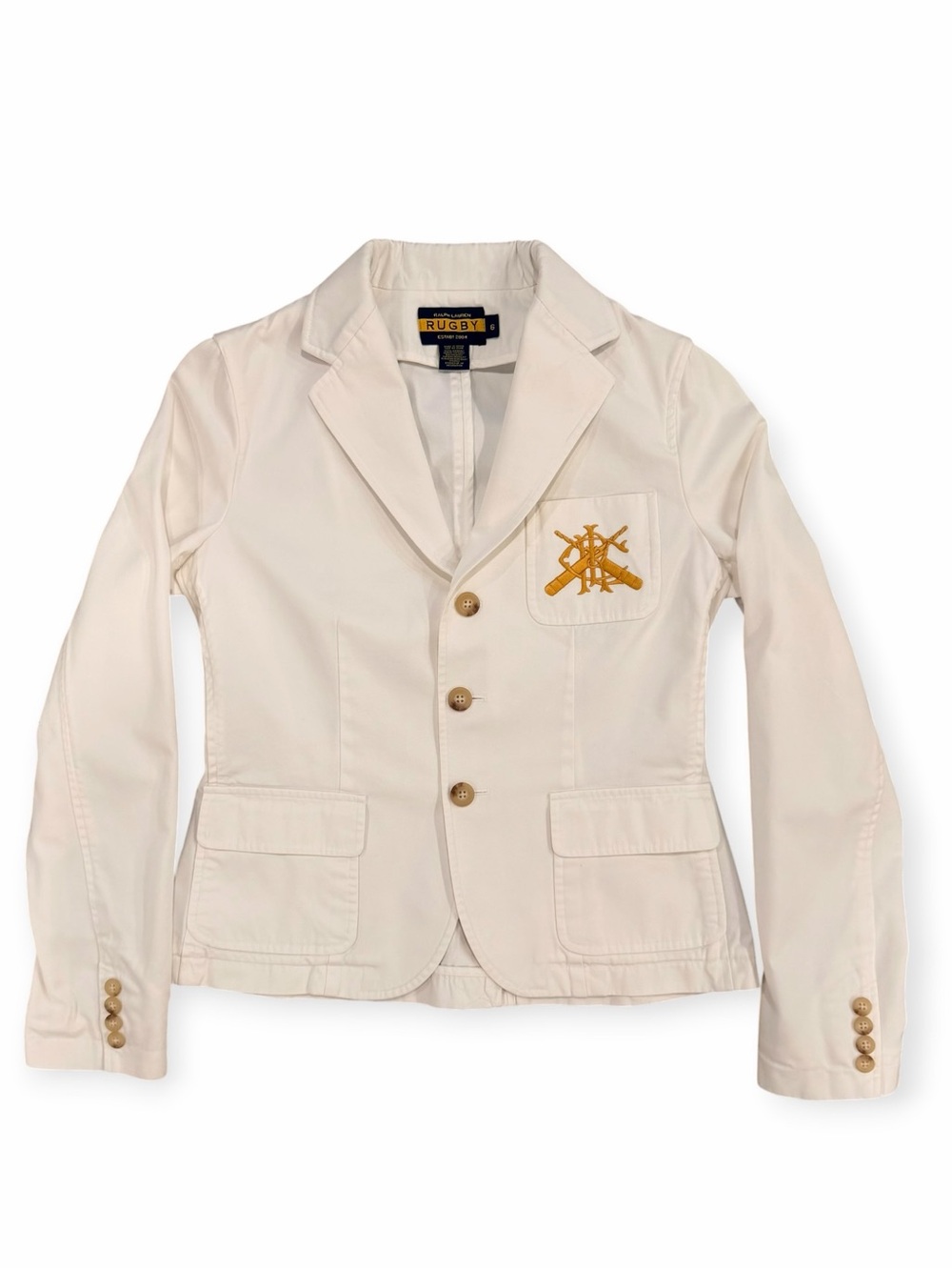 Ralph Lauren Rugby Ivory Cotton Crest Blazer Jacket Size 6 Preppy